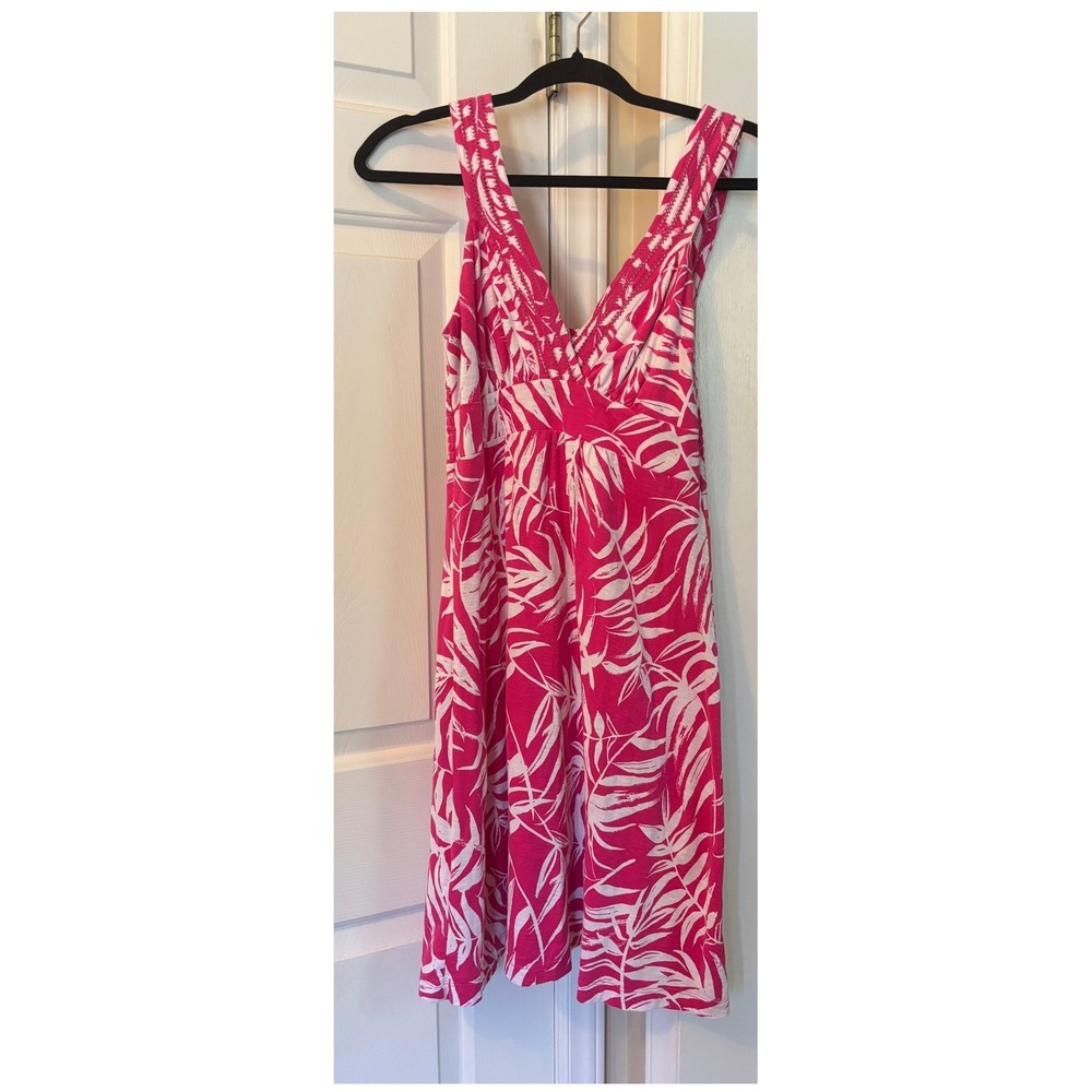 Tommy Bahama Pink White Palm Leaf Print V-Neck Smocked Dress Small